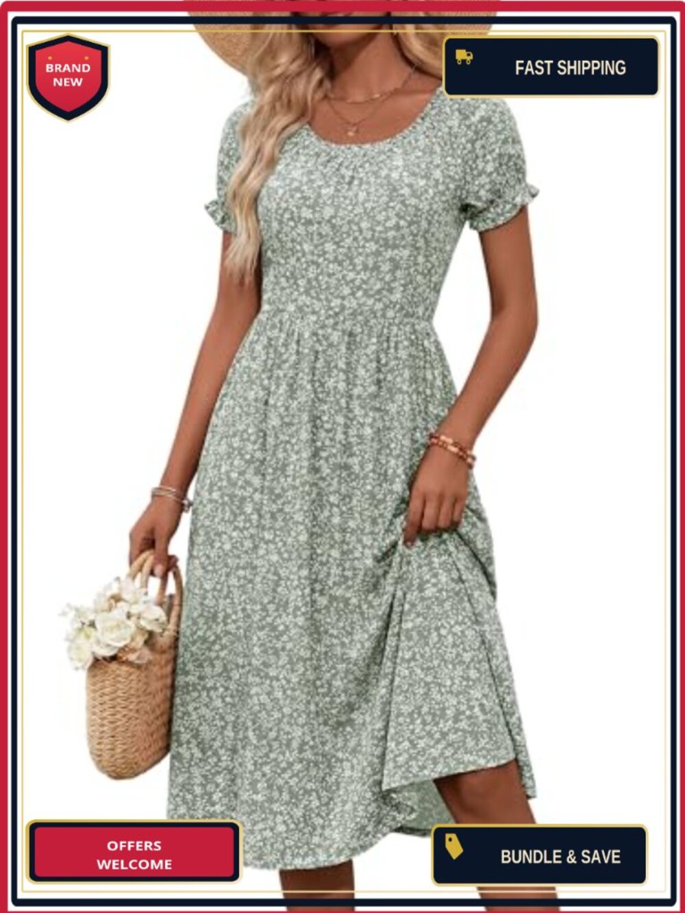 Women's Floral Midi Sundress with Pockets - Puff Sleeves Casual